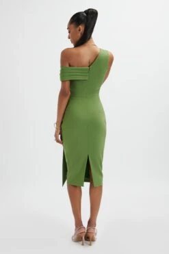 HANNAH Pleated Asymmetric Off Shoulder Midi Dress In Green -Lavish Alice LA 213DS57A GRN 1838