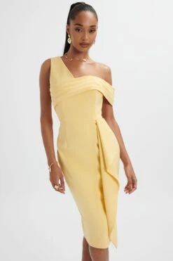 HANNAH Pleated Asymmetric Off Shoulder Midi Dress In Pastel Yellow -Lavish Alice LA 213DS57B YEL 0748