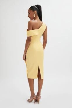 HANNAH Pleated Asymmetric Off Shoulder Midi Dress In Pastel Yellow -Lavish Alice LA 213DS57B YEL 0791