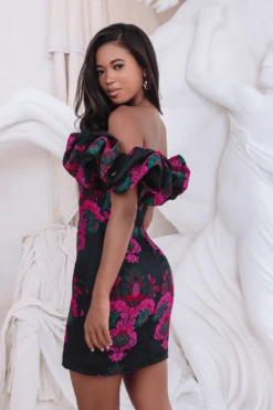 STACIA Jacquard Puff Sleeve Mini Dress In Black & Purple -Lavish Alice LA 231DS03B BLK3