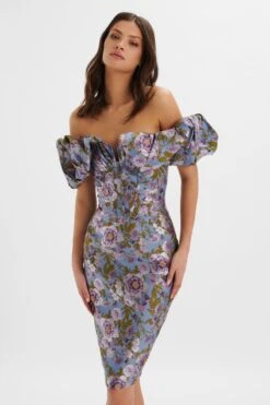HARLOW Jacquard Corset Puff Sleeve Midi Dress In Blue Purple 8 HARLOW Jacquard Corset Puff Sleeve Midi Dress In Blue Purple -Lavish Alice LA 231DS13B PBL 5681