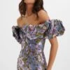 HARLOW Jacquard Corset Puff Sleeve Midi Dress In Blue Purple -Lavish Alice LA 231DS13B PBL 5706