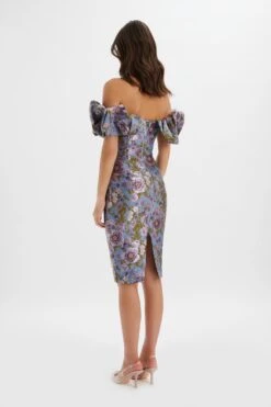 HARLOW Jacquard Corset Puff Sleeve Midi Dress In Blue Purple 9 HARLOW Jacquard Corset Puff Sleeve Midi Dress In Blue Purple -Lavish Alice LA 231DS13B PBL 5709