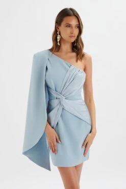 LAILA Twist Front One Shoulder Cape Mini Dress In Blue -Lavish Alice LA 241DS10 BLU 7147