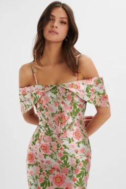 ANNALISE Bardot Sleeve Corset Midi Dress In Jacquard -Lavish Alice LA 241DS18 PBL 6350