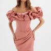 LILLY Extreme Ruffle Bardot Midi Dress In Rose Pink -Lavish Alice LA 241DS20 PNK 6532