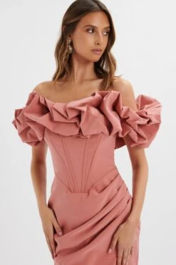 LILLY Extreme Ruffle Bardot Midi Dress In Rose Pink -Lavish Alice LA 241DS20 PNK 6543