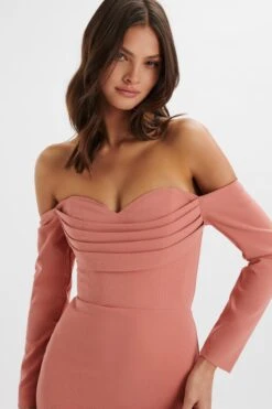 LILA Bardot Draped Bust Bodycon Midi Dress In Rose Pink -Lavish Alice LA 241DS31 PNK 7234