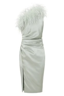 ALANA Feather One Shoulder Bonded Satin Midi Dress In Sage -Lavish Alice LA 241DS32 GRN 1