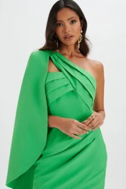 CHARLOTTE Pleated One Shoulder Cape Mini Dress In Green -Lavish Alice LA 242DS03 GRN R 8139