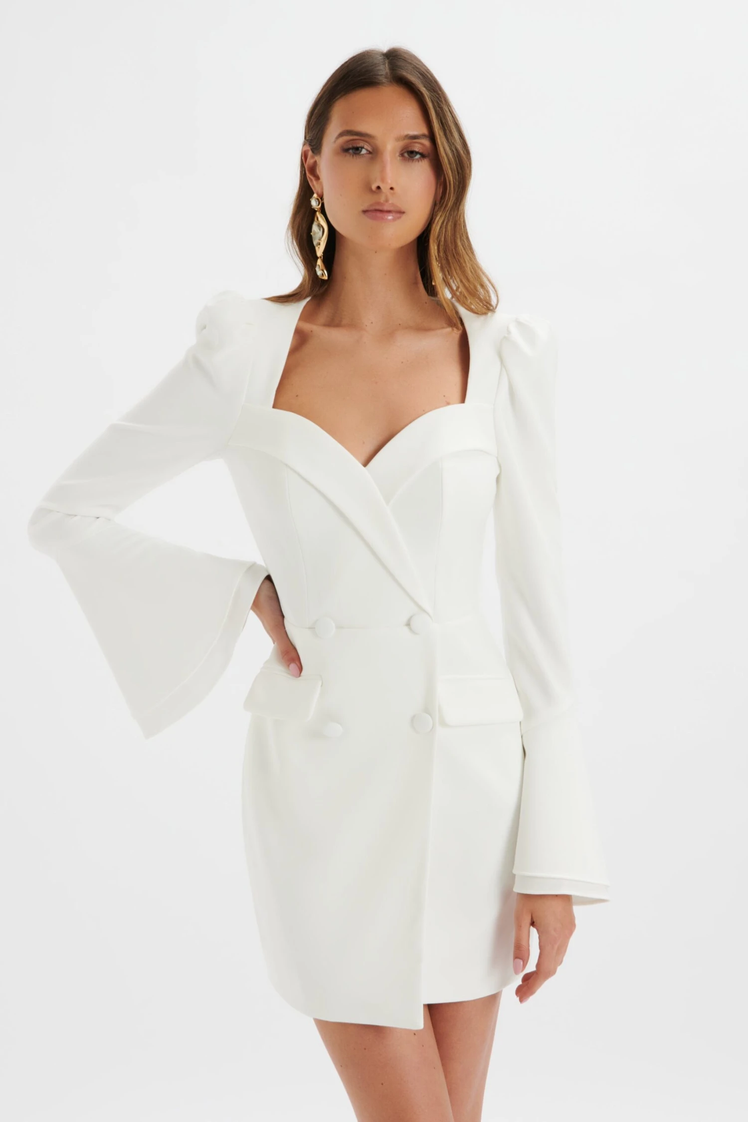 REBECCAH Flared Sleeve Blazer Mini Dress In White 3 REBECCAH Flared Sleeve Blazer Mini Dress In White