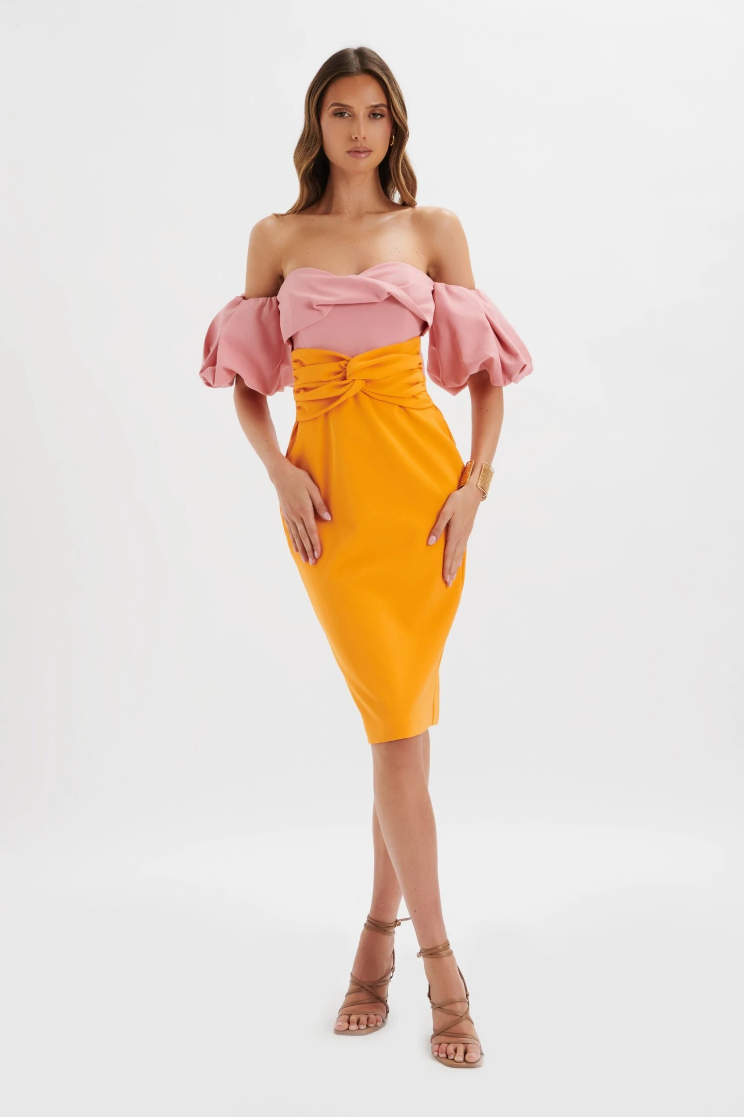 ELIZA Colour Block Twisted Midi Dress In Pink & Papaya 3 ELIZA Colour Block Twisted Midi Dress In Pink & Papaya