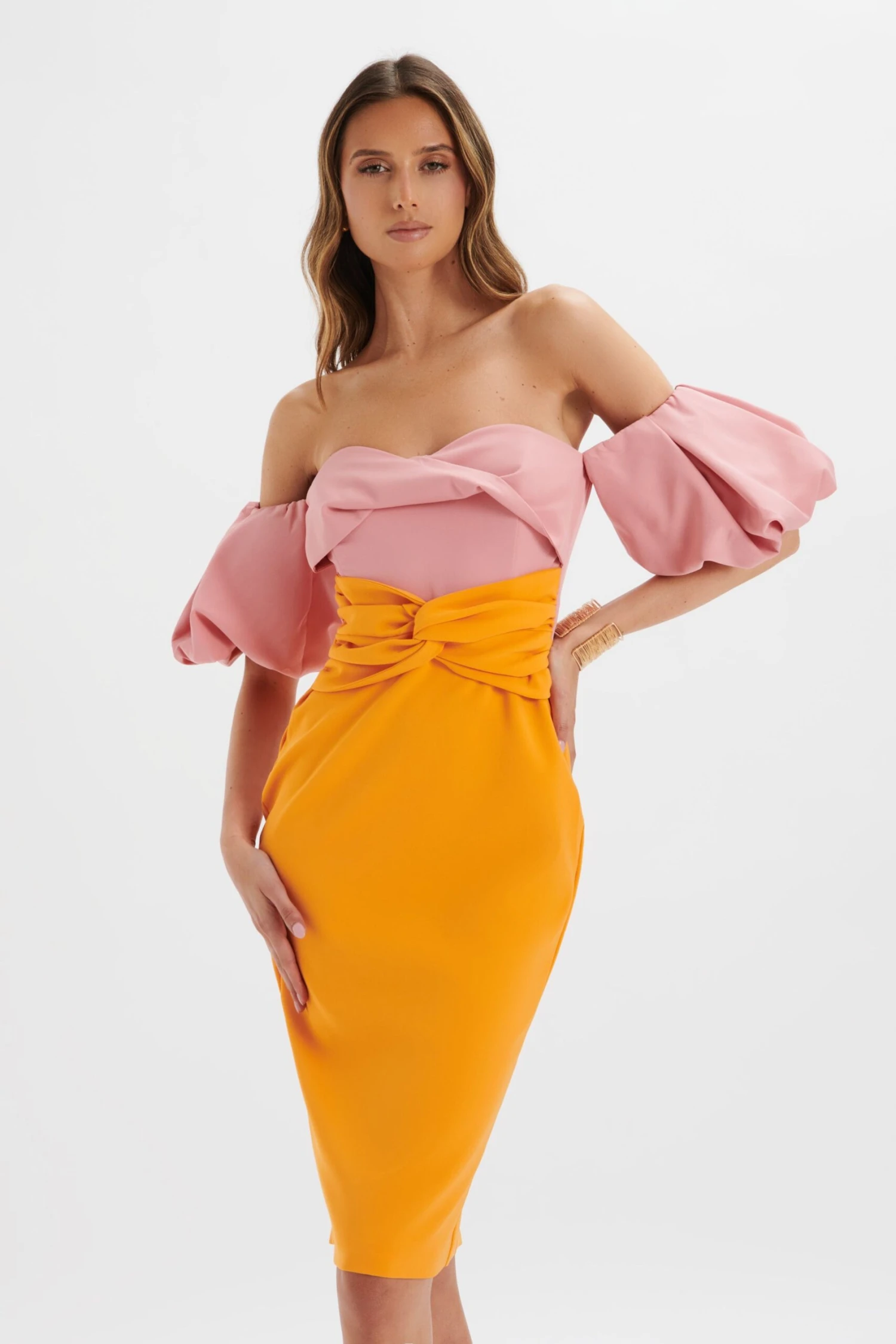 ELIZA Colour Block Twisted Midi Dress In Pink & Papaya 4 ELIZA Colour Block Twisted Midi Dress In Pink & Papaya - Image 2