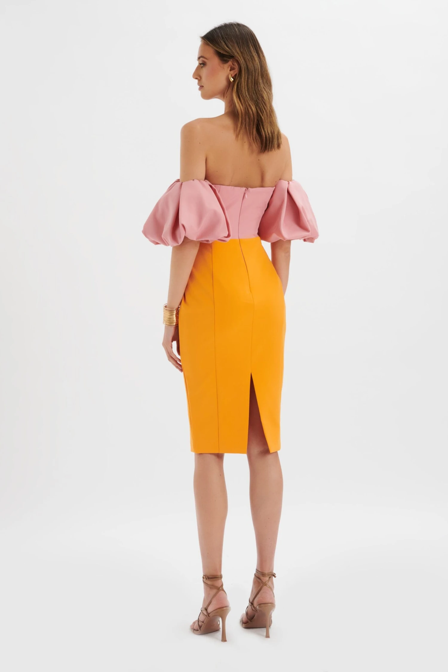 ELIZA Colour Block Twisted Midi Dress In Pink & Papaya 6 ELIZA Colour Block Twisted Midi Dress In Pink & Papaya - Image 4