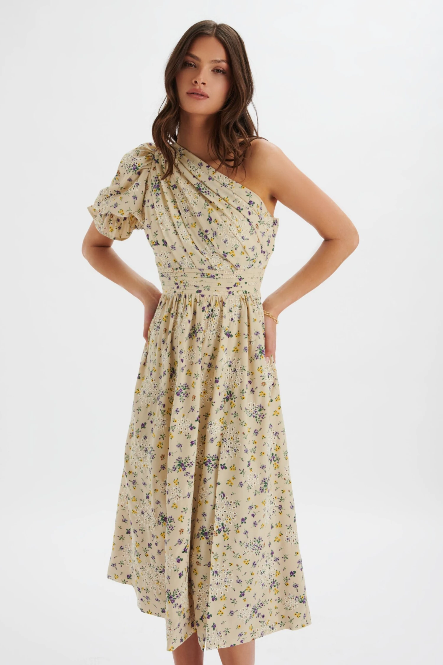 POLLY One Shoulder Puff Sleeve Midi Dress In Floral Broidery 3 POLLY One Shoulder Puff Sleeve Midi Dress In Floral Broidery
