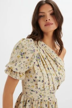 POLLY One Shoulder Puff Sleeve Midi Dress In Floral Broidery 8 POLLY One Shoulder Puff Sleeve Midi Dress In Floral Broidery -Lavish Alice LA 242DS27A BEI 1273