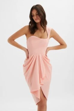 LUCIANA Curved One Shoulder Midi Dress In Coral Satin