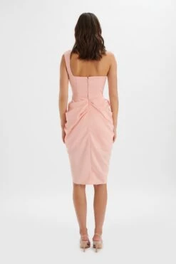 LUCIANA Curved One Shoulder Midi Dress In Coral Satin -Lavish Alice LA 243DS31 ORN 5836