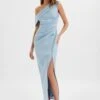 JOANNA Bonded Satin Pleated Maxi Dress In Dusty Blue -Lavish Alice LA 244BR03 BLU 9872