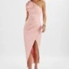 CECELIA Satin Bow Shoulder Wrap Dress In Dusty Pink