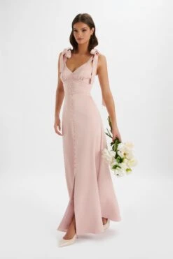 REVE Satin Tie Shoulder Maxi Dress In Pink
