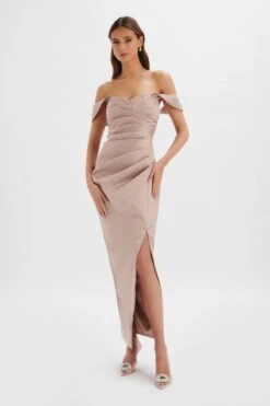 KAITLIN Bonded Satin Off Shoulder Maxi Dress In Mink 8 KAITLIN Bonded Satin Off Shoulder Maxi Dress In Mink -Lavish Alice LA 244BR06 BRN 9269