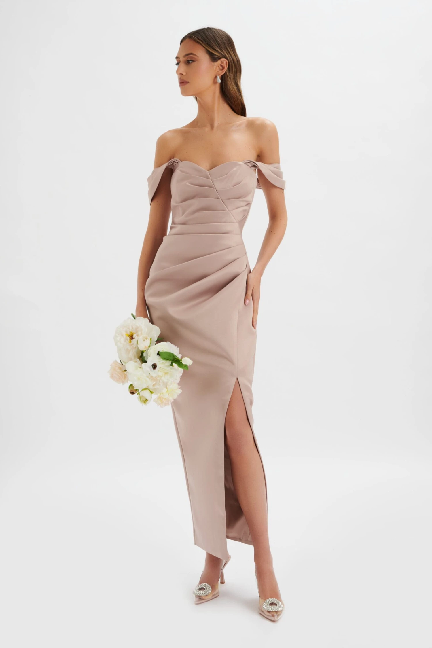 KAITLIN Bonded Satin Off Shoulder Maxi Dress In Mink 4 KAITLIN Bonded Satin Off Shoulder Maxi Dress In Mink - Image 2