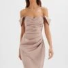 KAITLIN Bonded Satin Off Shoulder Maxi Dress In Mink 1 KAITLIN Bonded Satin Off Shoulder Maxi Dress In Mink -Lavish Alice LA 244BR06 BRN 9299