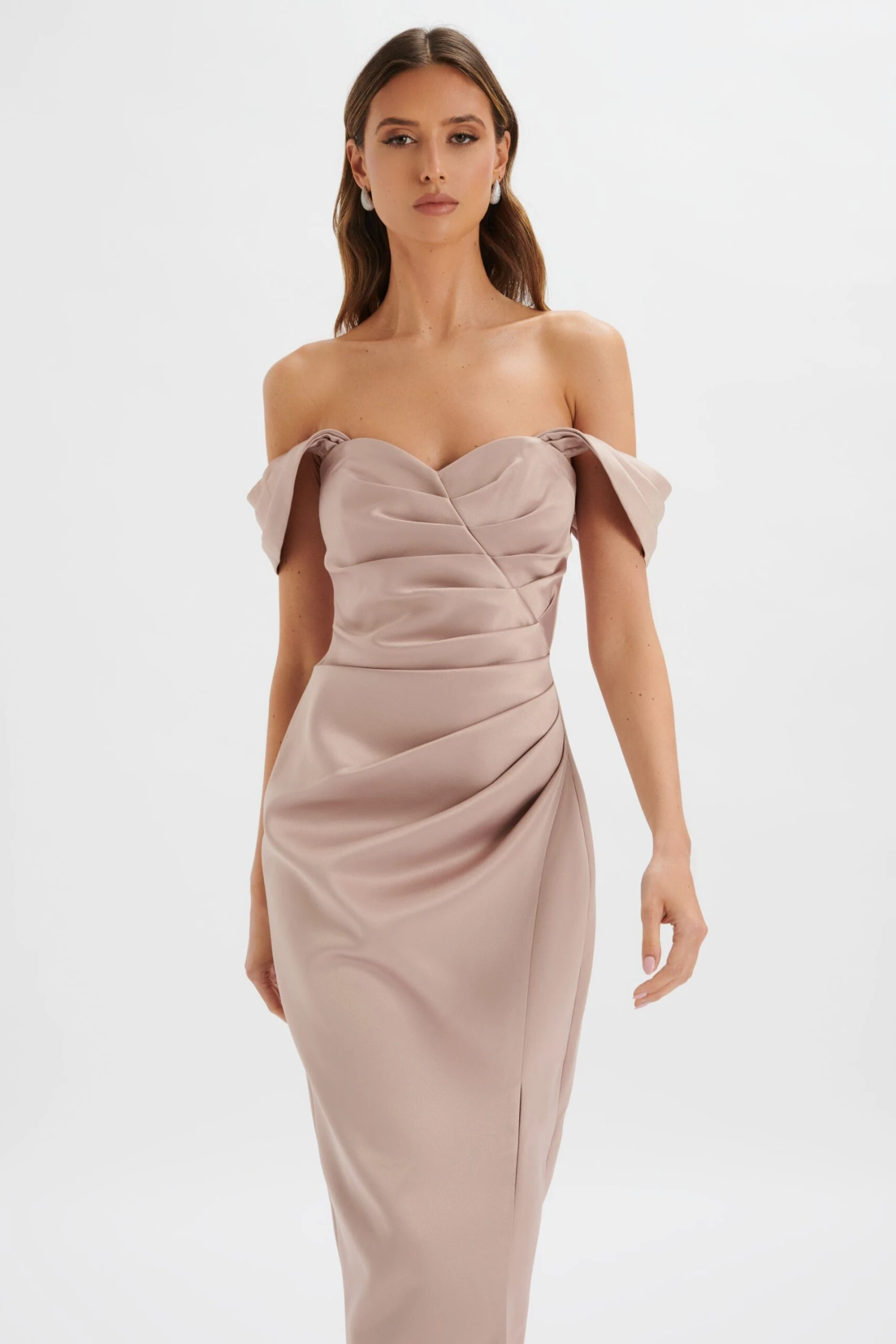 KAITLIN Bonded Satin Off Shoulder Maxi Dress In Mink 3 KAITLIN Bonded Satin Off Shoulder Maxi Dress In Mink