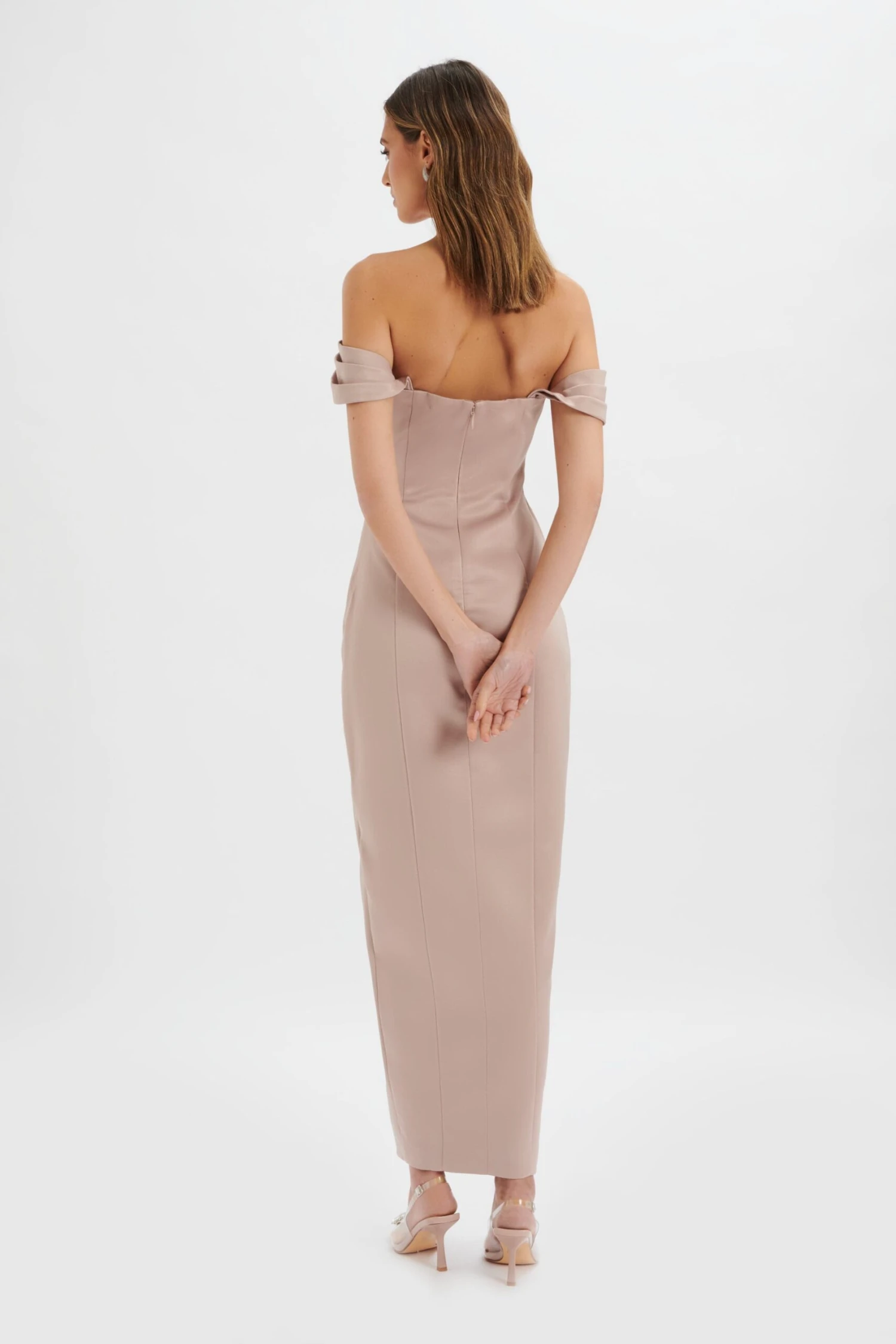 KAITLIN Bonded Satin Off Shoulder Maxi Dress In Mink 6 KAITLIN Bonded Satin Off Shoulder Maxi Dress In Mink - Image 4