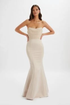 RENATA Bonded Satin Corset Maxi Dress In Champagne