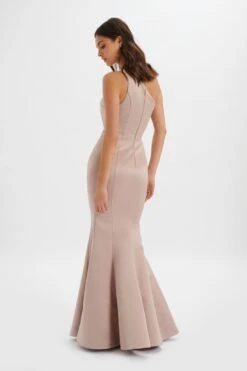 SHAILENE Bonded Satin Asymmetric Maxi Dress In Mink -Lavish Alice LA 244BR14 BRN 9008