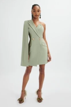 AIRE One Shoulder Cape Blazer Dress In Sage Green -Lavish Alice LA 261DS06 GRN 0141