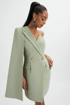 AIRE One Shoulder Cape Blazer Dress In Sage Green