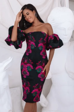 CAPRI Jacquard Volume Sleeve Bardot Midi Dress In Black