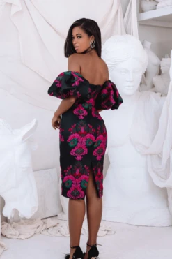 CAPRI Jacquard Volume Sleeve Bardot Midi Dress In Black -Lavish Alice LA 261DS14 BLK4