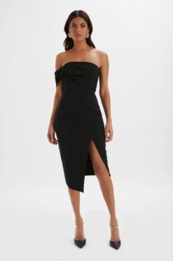 BRIE Bardot Knot Twisted One Shoulder Midi Dress In Black -Lavish Alice LA 261DS18 BLK 4573