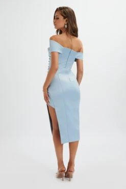 LUCILLE Bardot Bandeau Pleated Midi Dress In Cornflower Blue -Lavish Alice LA 261DS27 BLU 1054