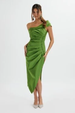 LUCILLE Bardot Bandeau Pleated Midi Dress In Green -Lavish Alice LA 261DS27A GRE 5542