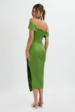 LUCILLE Bardot Bandeau Pleated Midi Dress In Green -Lavish Alice LA 261DS27A GRE 5590