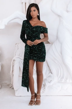 SEREN Velvet Sequin Asymmetric Mini Dress In Emerald Green -Lavish Alice LA 262DS03 GRN