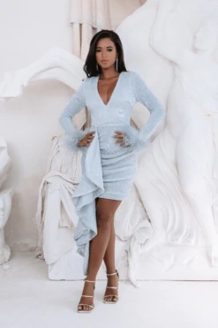 APHRODITE Draped Skirt Pleated Sequin Mini Dress In Silver -Lavish Alice LA 262DS22 SIL