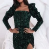 JODIE Velvet Sequin Puff Shoulder Mini Dress In Emerald Green -Lavish Alice LA 262DS58A GRN2