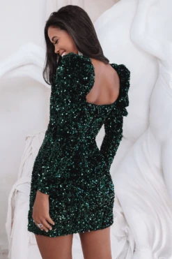 JODIE Velvet Sequin Puff Shoulder Mini Dress In Emerald Green -Lavish Alice LA 262DS58A GRN3