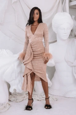 ATHENA Draped Skirt Pleated Sequin Midi Dress In Gold -Lavish Alice LA 262DS67 GLD