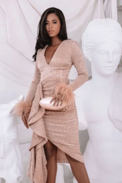 ATHENA Draped Skirt Pleated Sequin Midi Dress In Gold