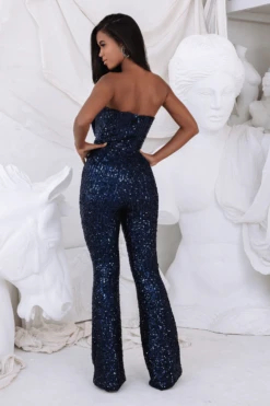 ADIRA Bandeau Bow Sequin & Velvet Jumpsuit In Navy -Lavish Alice LA 262JS39 NVY2