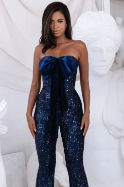 ADIRA Bandeau Bow Sequin & Velvet Jumpsuit In Navy -Lavish Alice LA 262JS39 NVY4