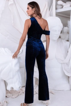 THEMIS Glitter Velvet One Shoulder Drape Jumpsuit In Navy Blue -Lavish Alice LA 262JS41 NVY3