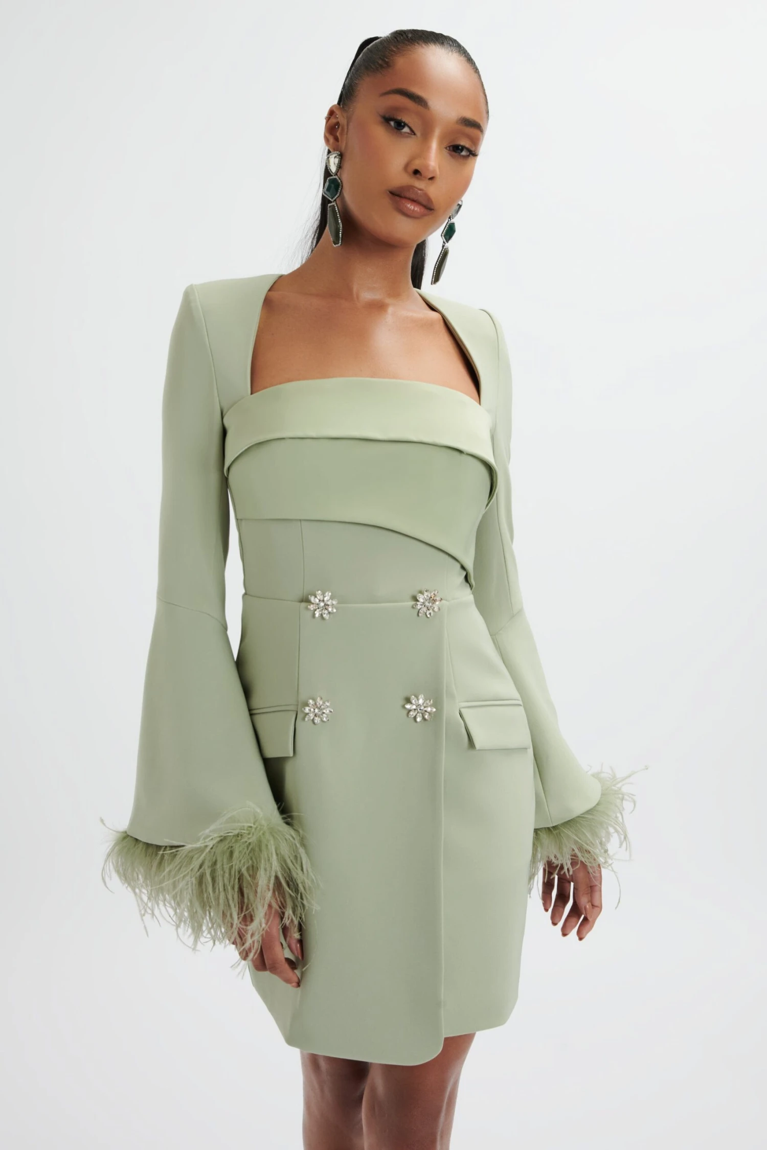 IONA Fluted Feather Sleeve Blazer Dress In Sage Green 5 IONA Fluted Feather Sleeve Blazer Dress In Sage Green - Image 3